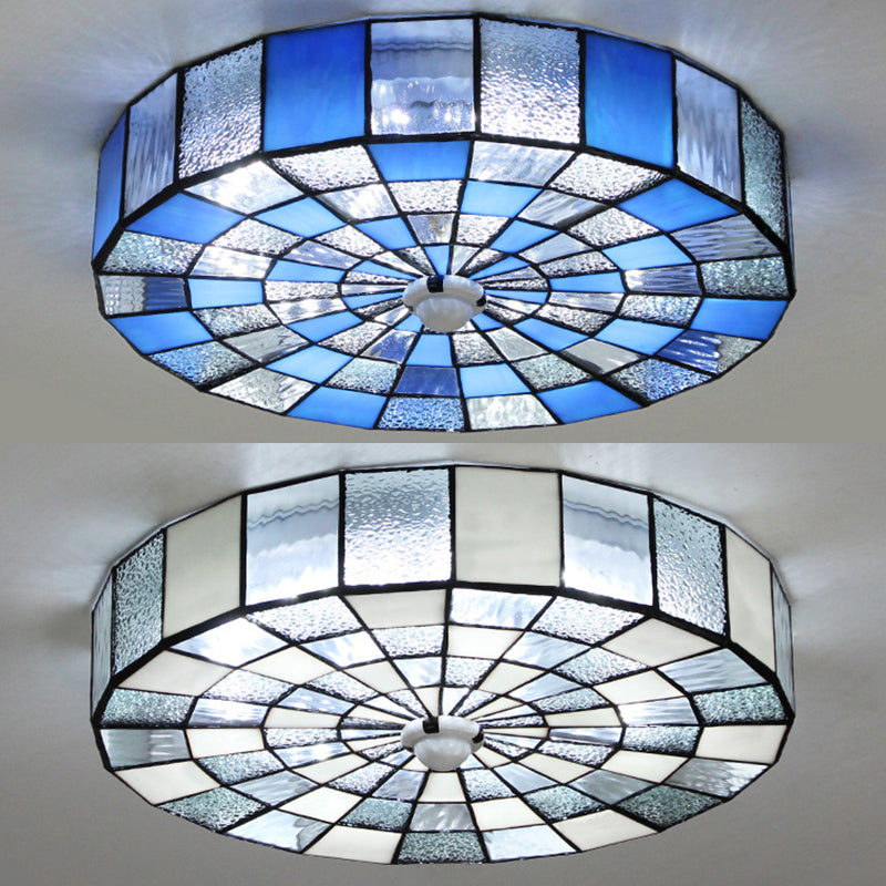 Round Ceiling Light Rustic Stained Glass 1 Light Flushmount Ceiling Light in Blue/White for Bedroom Clearhalo 'Ceiling Lights' 'Close To Ceiling Lights' 'Close to ceiling' 'Flush mount' Lighting' 26873