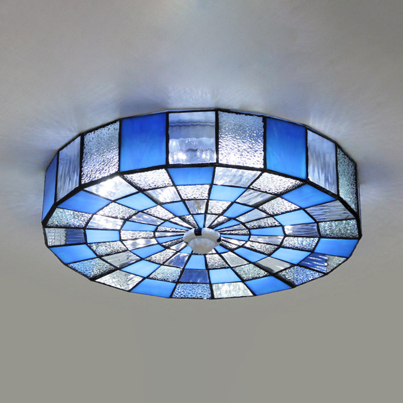 Round Ceiling Light Rustic Stained Glass 1 Light Flushmount Ceiling Light in Blue/White for Bedroom Clearhalo 'Ceiling Lights' 'Close To Ceiling Lights' 'Close to ceiling' 'Flush mount' Lighting' 26874