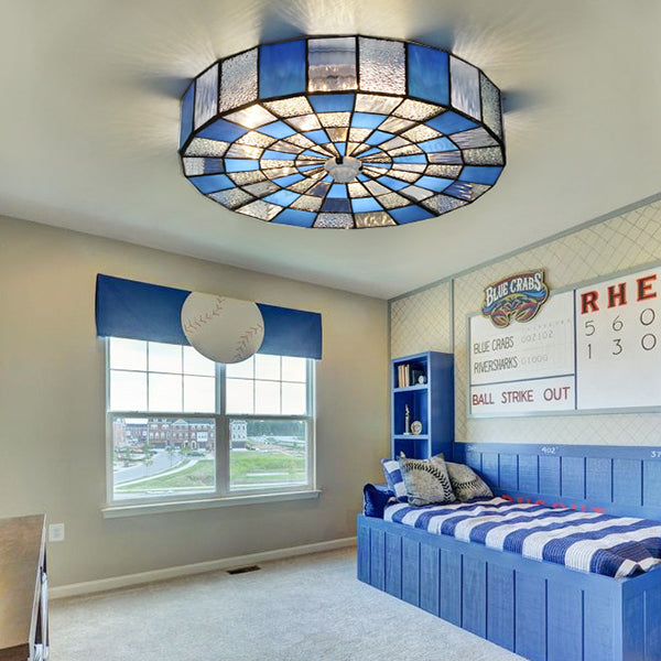 Round Ceiling Light Rustic Stained Glass 1 Light Flushmount Ceiling Light in Blue/White for Bedroom Blue Clearhalo 'Ceiling Lights' 'Close To Ceiling Lights' 'Close to ceiling' 'Flush mount' Lighting' 26876
