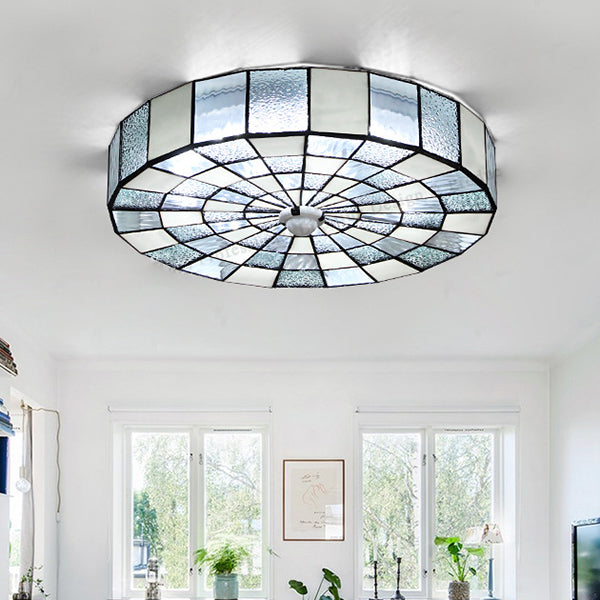 Round Ceiling Light Rustic Stained Glass 1 Light Flushmount Ceiling Light in Blue/White for Bedroom White Clearhalo 'Ceiling Lights' 'Close To Ceiling Lights' 'Close to ceiling' 'Flush mount' Lighting' 26881
