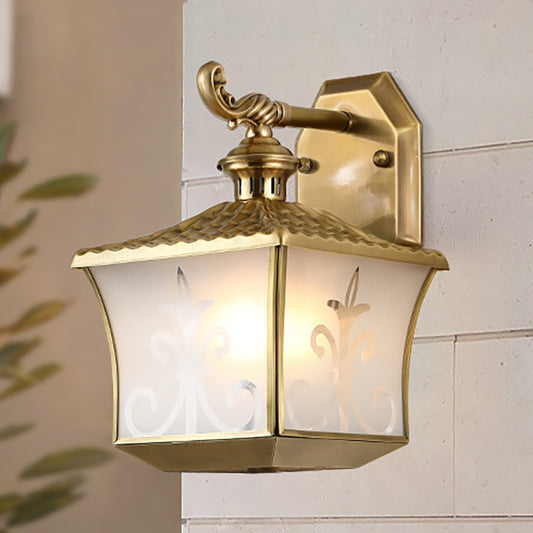 1 Bulb Lantern Wall Lamp Vintage Metal Sconce Lighting Fixture in Brass for Balcony Clearhalo 'Wall Lamps & Sconces' 'Wall Lights' Lighting' 268893