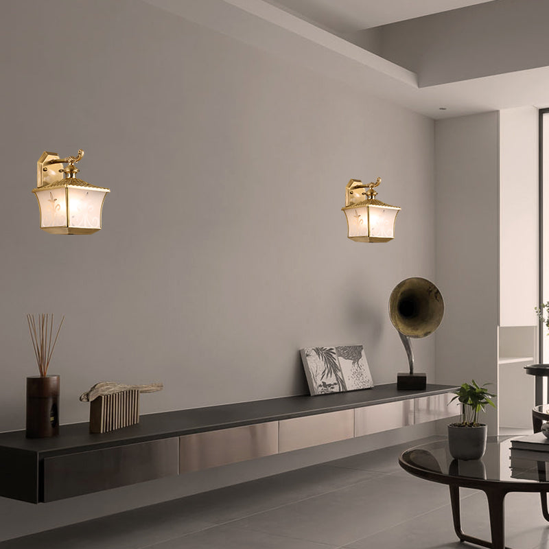 1 Bulb Lantern Wall Lamp Vintage Metal Sconce Lighting Fixture in Brass for Balcony Clearhalo 'Wall Lamps & Sconces' 'Wall Lights' Lighting' 268894