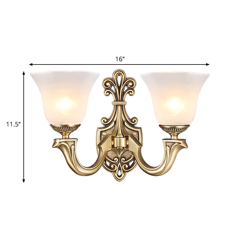 1/2 Bulbs Trumpet Sconce Lamp Tradition Opal Glass Wall Lighting Fixture with Brass Metal Curved Arm Clearhalo 'Wall Lamps & Sconces' 'Wall Lights' Lighting' 269003