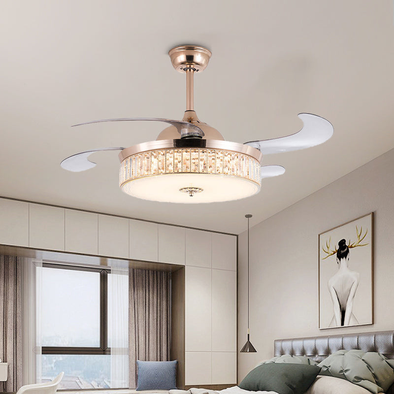 Cylinder Ceiling Fan Light Contemporary Crystal Gold LED Semi Mount Lighting with Remote Control/Wall Control/Remote Control and Wall Control, 15"/18" Wide Gold Clearhalo 'Ceiling Fans with Lights' 'Ceiling Fans' 'Modern Ceiling Fans' 'Modern' Lighting' 269098