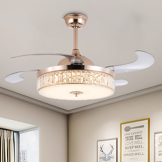 Cylinder Ceiling Fan Light Contemporary Crystal Gold LED Semi Mount Lighting with Remote Control/Wall Control/Remote Control and Wall Control, 15"/18" Wide Clearhalo 'Ceiling Fans with Lights' 'Ceiling Fans' 'Modern Ceiling Fans' 'Modern' Lighting' 269099