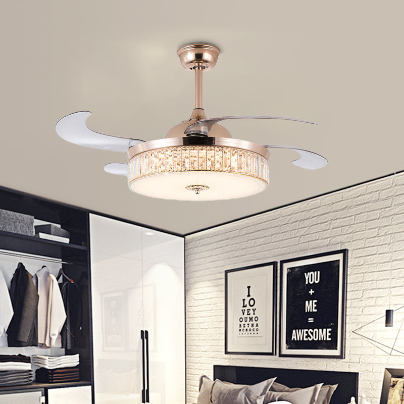 Cylinder Ceiling Fan Light Contemporary Crystal Gold LED Semi Mount Lighting with Remote Control/Wall Control/Remote Control and Wall Control, 15"/18" Wide Clearhalo 'Ceiling Fans with Lights' 'Ceiling Fans' 'Modern Ceiling Fans' 'Modern' Lighting' 269100
