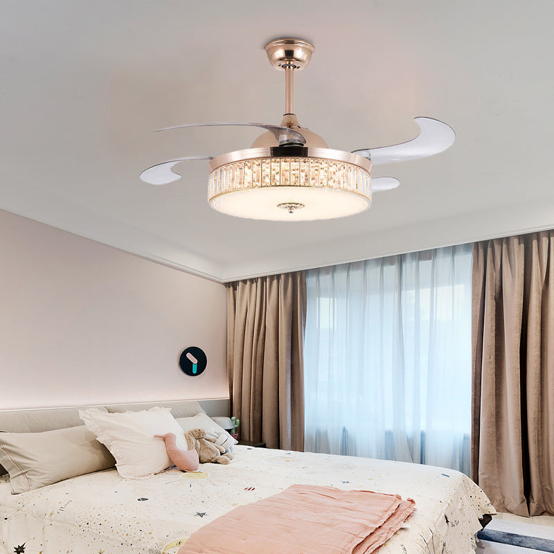 Cylinder Ceiling Fan Light Contemporary Crystal Gold LED Semi Mount Lighting with Remote Control/Wall Control/Remote Control and Wall Control, 15"/18" Wide Clearhalo 'Ceiling Fans with Lights' 'Ceiling Fans' 'Modern Ceiling Fans' 'Modern' Lighting' 269101