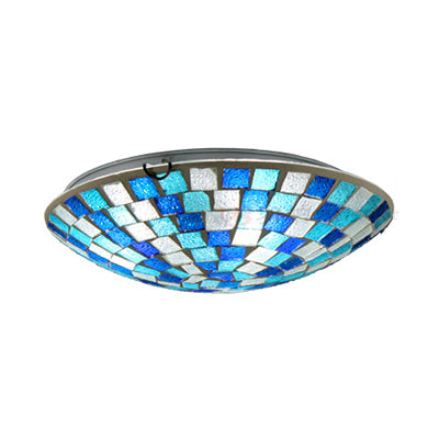 Blue Round Ceiling Light Fixture 12"/16" Width Tiffany Mosaic Glass 1 Bulb Flush Mount Ceiling Light Clearhalo 'Ceiling Lights' 'Close To Ceiling Lights' 'Close to ceiling' 'Glass shade' 'Glass' 'Semi-flushmount' 'Tiffany close to ceiling' 'Tiffany' Lighting' 26911