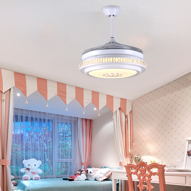 LED Drum Ceiling Fan Light Modernist Crystal Semi-Flush Mount in White with Remote Control/Wall Control/Frequency Conversion Clearhalo 'Ceiling Fans with Lights' 'Ceiling Fans' 'Modern Ceiling Fans' 'Modern' Lighting' 269140
