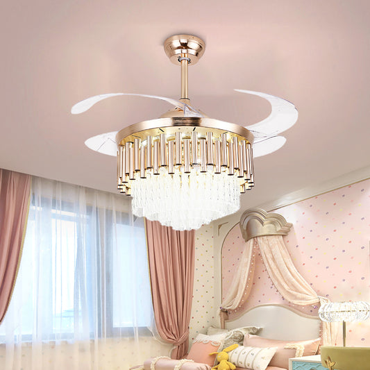 Gold Tiered Ceiling Fan Light Modern Crystal LED Semi Mount Lighting with Remote Control/Wall Control/Remote Control and Wall Control Gold Clearhalo 'Ceiling Fans with Lights' 'Ceiling Fans' 'Modern Ceiling Fans' 'Modern' Lighting' 269144
