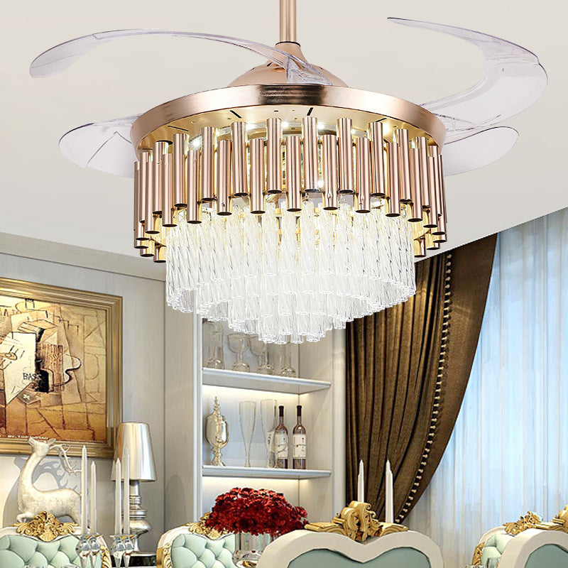 Gold Tiered Ceiling Fan Light Modern Crystal LED Semi Mount Lighting with Remote Control/Wall Control/Remote Control and Wall Control Clearhalo 'Ceiling Fans with Lights' 'Ceiling Fans' 'Modern Ceiling Fans' 'Modern' Lighting' 269145