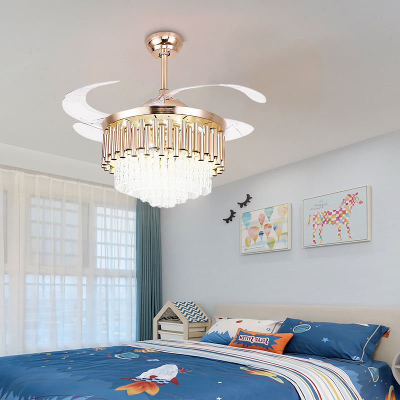 Gold Tiered Ceiling Fan Light Modern Crystal LED Semi Mount Lighting with Remote Control/Wall Control/Remote Control and Wall Control Clearhalo 'Ceiling Fans with Lights' 'Ceiling Fans' 'Modern Ceiling Fans' 'Modern' Lighting' 269146