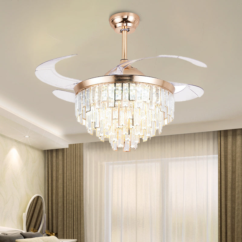 Crystal Cylindrical Ceiling Fan Light Modernism LED Lighting Fixture in Gold with Remote Control/Wall Control/Remote Control and Wall Control for Living Room Gold Clearhalo 'Ceiling Fans with Lights' 'Ceiling Fans' 'Modern Ceiling Fans' 'Modern' Lighting' 269151