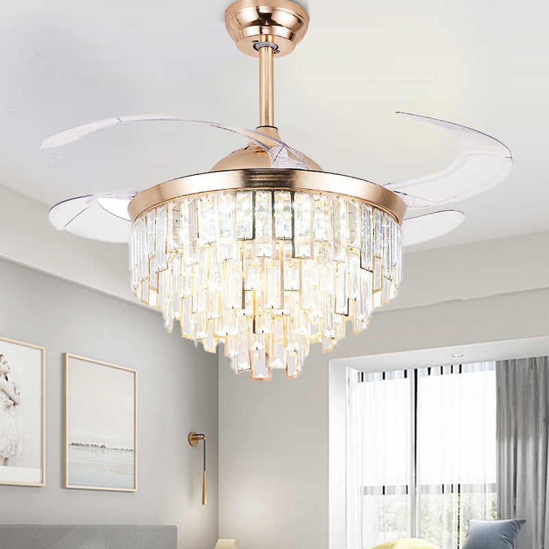Crystal Cylindrical Ceiling Fan Light Modernism LED Lighting Fixture in Gold with Remote Control/Wall Control/Remote Control and Wall Control for Living Room Clearhalo 'Ceiling Fans with Lights' 'Ceiling Fans' 'Modern Ceiling Fans' 'Modern' Lighting' 269152