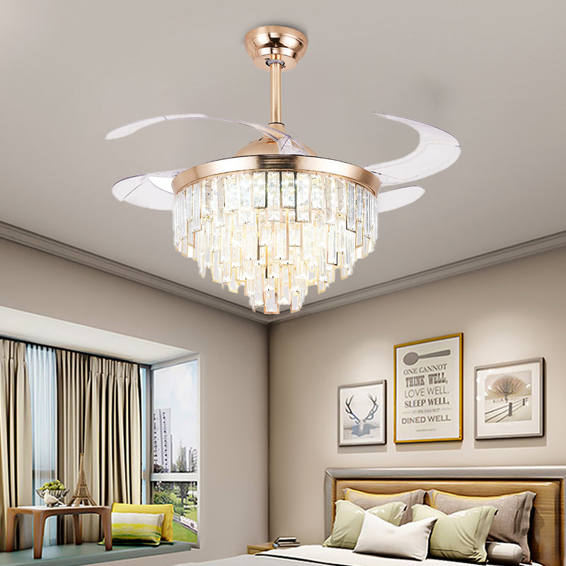 Crystal Cylindrical Ceiling Fan Light Modernism LED Lighting Fixture in Gold with Remote Control/Wall Control/Remote Control and Wall Control for Living Room Clearhalo 'Ceiling Fans with Lights' 'Ceiling Fans' 'Modern Ceiling Fans' 'Modern' Lighting' 269153