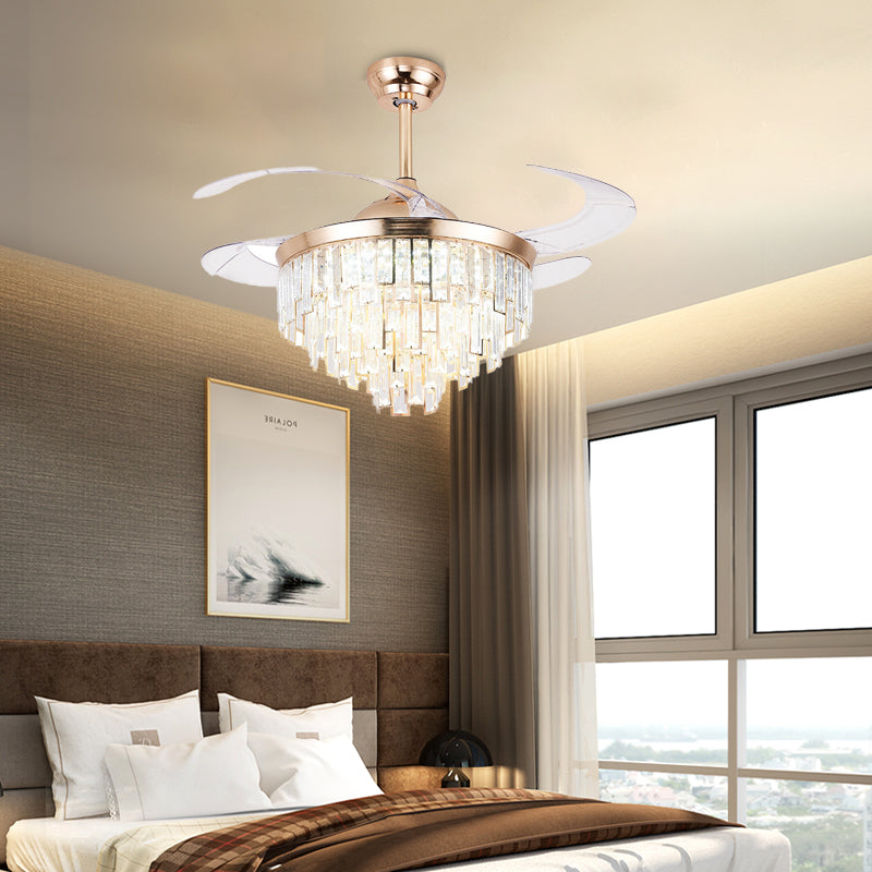 Crystal Cylindrical Ceiling Fan Light Modernism LED Lighting Fixture in Gold with Remote Control/Wall Control/Remote Control and Wall Control for Living Room Clearhalo 'Ceiling Fans with Lights' 'Ceiling Fans' 'Modern Ceiling Fans' 'Modern' Lighting' 269154