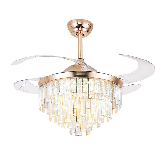 Crystal Cylindrical Ceiling Fan Light Modernism LED Lighting Fixture in Gold with Remote Control/Wall Control/Remote Control and Wall Control for Living Room Clearhalo 'Ceiling Fans with Lights' 'Ceiling Fans' 'Modern Ceiling Fans' 'Modern' Lighting' 269155