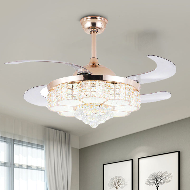 Gold Flower Ceiling Fan Light Contemporary LED Crystal Semi Flush Light with Remote Control/Wall Control/Remote Control and Wall Control Clearhalo 'Ceiling Fans with Lights' 'Ceiling Fans' 'Modern Ceiling Fans' 'Modern' Lighting' 269160