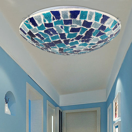 Tiffany Style 12"/16" W Round Ceiling Light Fixture Stained Glass 1 Bulb Flush Mount Ceiling Light with Shell Decor in Blue/Sky Blue Blue Clearhalo 'Ceiling Lights' 'Close To Ceiling Lights' 'Close to ceiling' 'Flush mount' Lighting' 26928
