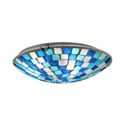Tiffany Style 12"/16" W Round Ceiling Light Fixture Stained Glass 1 Bulb Flush Mount Ceiling Light with Shell Decor in Blue/Sky Blue Clearhalo 'Ceiling Lights' 'Close To Ceiling Lights' 'Close to ceiling' 'Flush mount' Lighting' 26930