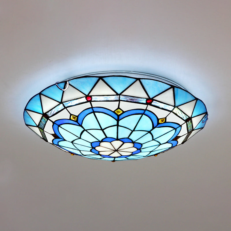 12"/16" W Bowl-Shaped Ceiling Light Industrial Vintage Stained Glass Flush Mount Ceiling Fixture in Blue Clearhalo 'Ceiling Lights' 'Close To Ceiling Lights' 'Close to ceiling' 'Glass shade' 'Glass' 'Semi-flushmount' 'Tiffany close to ceiling' 'Tiffany' Lighting' 26942