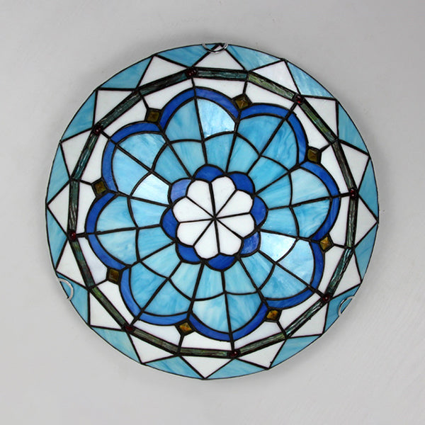 12"/16" W Bowl-Shaped Ceiling Light Industrial Vintage Stained Glass Flush Mount Ceiling Fixture in Blue Clearhalo 'Ceiling Lights' 'Close To Ceiling Lights' 'Close to ceiling' 'Glass shade' 'Glass' 'Semi-flushmount' 'Tiffany close to ceiling' 'Tiffany' Lighting' 26943