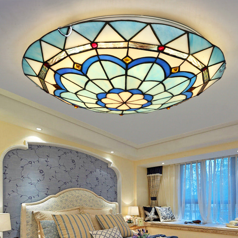 12"/16" W Bowl-Shaped Ceiling Light Industrial Vintage Stained Glass Flush Mount Ceiling Fixture in Blue Blue Clearhalo 'Ceiling Lights' 'Close To Ceiling Lights' 'Close to ceiling' 'Glass shade' 'Glass' 'Semi-flushmount' 'Tiffany close to ceiling' 'Tiffany' Lighting' 26944