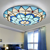 12"/16" W Bowl-Shaped Ceiling Light Industrial Vintage Stained Glass Flush Mount Ceiling Fixture in Blue Clearhalo 'Ceiling Lights' 'Close To Ceiling Lights' 'Close to ceiling' 'Glass shade' 'Glass' 'Semi-flushmount' 'Tiffany close to ceiling' 'Tiffany' Lighting' 26945
