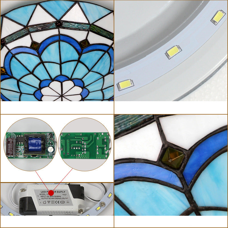 12"/16" W Bowl-Shaped Ceiling Light Industrial Vintage Stained Glass Flush Mount Ceiling Fixture in Blue Clearhalo 'Ceiling Lights' 'Close To Ceiling Lights' 'Close to ceiling' 'Glass shade' 'Glass' 'Semi-flushmount' 'Tiffany close to ceiling' 'Tiffany' Lighting' 26946