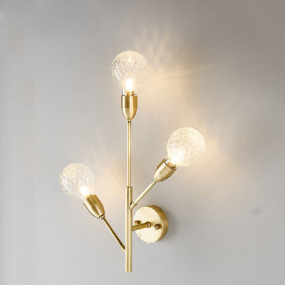Brass/Brass-Plated Armed Sconce Lamp Modernist 3 Bulbs Wall Mount Light Fixture with Prismatic Glass Ball Shade Brass Clearhalo 'Modern wall lights' 'Modern' 'Wall Lamps & Sconces' 'Wall Lights' Lighting' 269611
