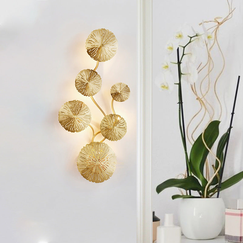 19.5"/23.5"/28" Wide 5/6/8-Light Lotus Leaf Wall Lamp Art Deco Gold Finish Stainless Steel Flush Wall Sconce Clearhalo 'Wall Lamps & Sconces' 'Wall Lights' Lighting' 269761