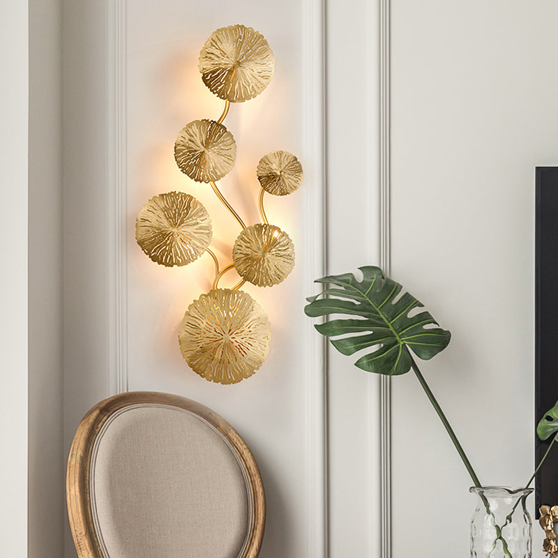 19.5"/23.5"/28" Wide 5/6/8-Light Lotus Leaf Wall Lamp Art Deco Gold Finish Stainless Steel Flush Wall Sconce Clearhalo 'Wall Lamps & Sconces' 'Wall Lights' Lighting' 269762