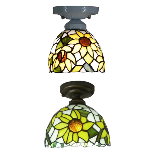 Stained Glass Ceiling Light, Tiffany Sunflower Semi Flush Light for Bedroom, 9" High x 8" in Diameter Clearhalo 'Ceiling Lights' 'Close To Ceiling Lights' 'Close to ceiling' 'Glass shade' 'Glass' 'Semi-flushmount' 'Tiffany close to ceiling' 'Tiffany' Lighting' 2698