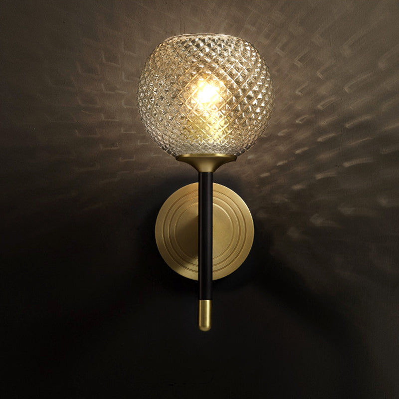 Globe Wall Sconce Simplicity Ribbed Glass 1 Bulb Brass Wall Mounted Light Fixture Brass Clearhalo 'Cast Iron' 'Glass' 'Industrial' 'Modern wall lights' 'Modern' 'Tiffany' 'Traditional wall lights' 'Wall Lamps & Sconces' 'Wall Lights' Lighting' 269804