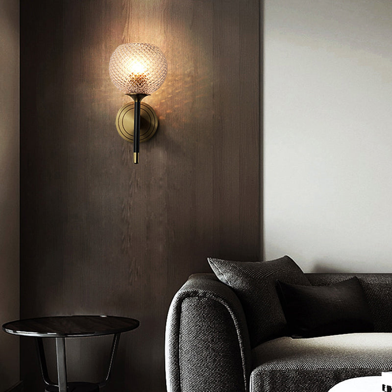 Globe Wall Sconce Simplicity Ribbed Glass 1 Bulb Brass Wall Mounted Light Fixture Clearhalo 'Cast Iron' 'Glass' 'Industrial' 'Modern wall lights' 'Modern' 'Tiffany' 'Traditional wall lights' 'Wall Lamps & Sconces' 'Wall Lights' Lighting' 269805