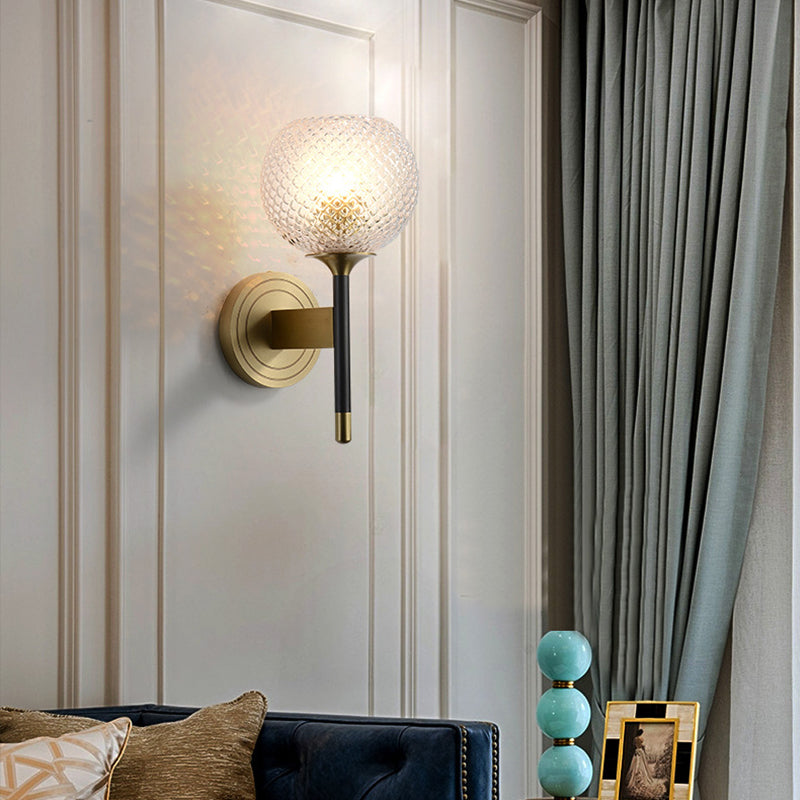 Globe Wall Sconce Simplicity Ribbed Glass 1 Bulb Brass Wall Mounted Light Fixture Clearhalo 'Cast Iron' 'Glass' 'Industrial' 'Modern wall lights' 'Modern' 'Tiffany' 'Traditional wall lights' 'Wall Lamps & Sconces' 'Wall Lights' Lighting' 269806
