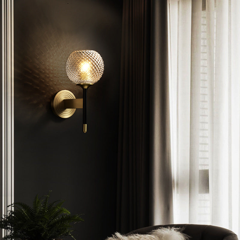 Globe Wall Sconce Simplicity Ribbed Glass 1 Bulb Brass Wall Mounted Light Fixture Clearhalo 'Cast Iron' 'Glass' 'Industrial' 'Modern wall lights' 'Modern' 'Tiffany' 'Traditional wall lights' 'Wall Lamps & Sconces' 'Wall Lights' Lighting' 269807