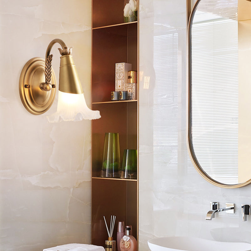 Traditional Style Flower Wall Lamp 1/2-Light Frosted Glass Wall Sconce in Gold for Bathroom Clearhalo 'Wall Lamps & Sconces' 'Wall Lights' Lighting' 269877