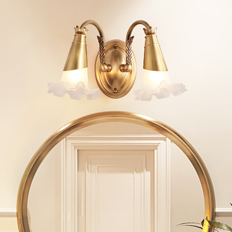 Traditional Style Flower Wall Lamp 1/2-Light Frosted Glass Wall Sconce in Gold for Bathroom Clearhalo 'Wall Lamps & Sconces' 'Wall Lights' Lighting' 269882