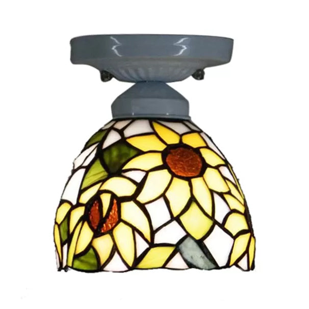 Stained Glass Ceiling Light, Tiffany Sunflower Semi Flush Light for Bedroom, 9" High x 8" in Diameter Clearhalo 'Ceiling Lights' 'Close To Ceiling Lights' 'Close to ceiling' 'Glass shade' 'Glass' 'Semi-flushmount' 'Tiffany close to ceiling' 'Tiffany' Lighting' 2699