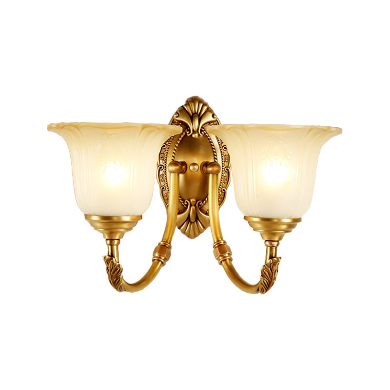 Metal Curved Sconce Light Fixture Classic Style 1/2-Bulb Bedroom Wall Lamp with Opal Glass Petal Shade Clearhalo 'Wall Lamps & Sconces' 'Wall Lights' Lighting' 270036