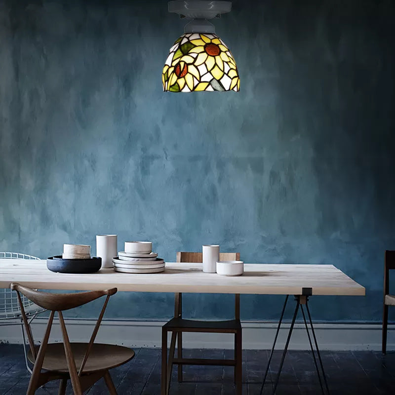 Stained Glass Ceiling Light, Tiffany Sunflower Semi Flush Light for Bedroom, 9" High x 8" in Diameter White Clearhalo 'Ceiling Lights' 'Close To Ceiling Lights' 'Close to ceiling' 'Glass shade' 'Glass' 'Semi-flushmount' 'Tiffany close to ceiling' 'Tiffany' Lighting' 2701
