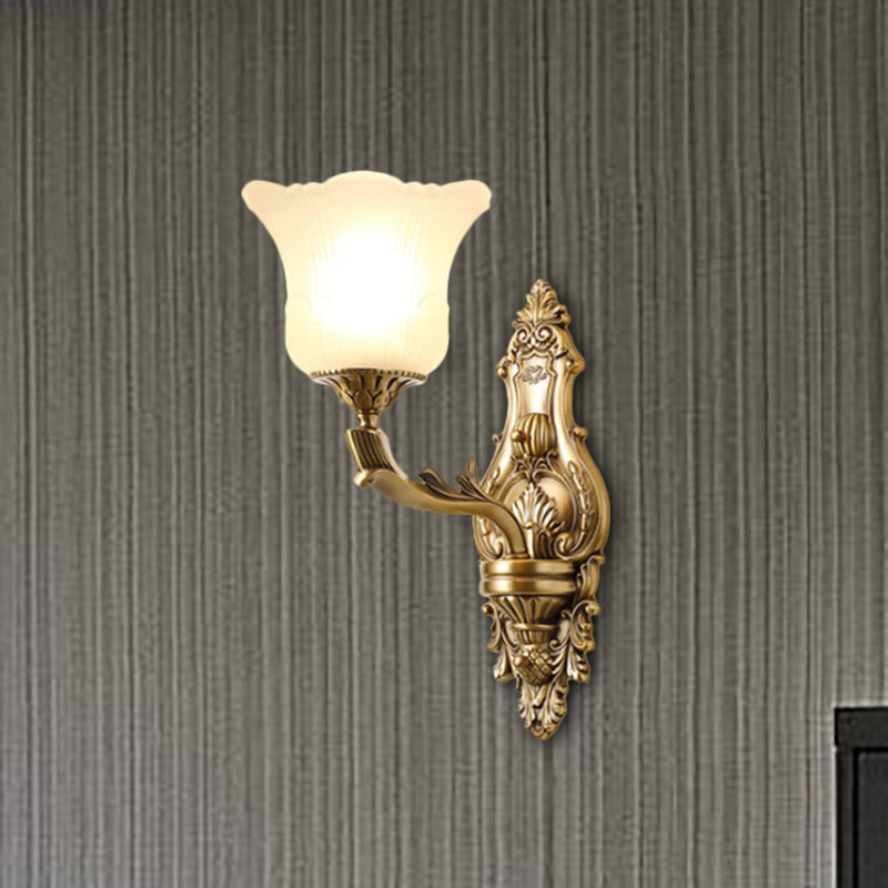 Opal Glass Petal Wall Sconce Classic Style 1/2-Head Bedroom Wall Light Fixture with Brass Carved Arm 1.0 Brass Clearhalo 'Wall Lamps & Sconces' 'Wall Lights' Lighting' 270121