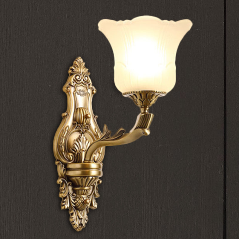 Opal Glass Petal Wall Sconce Classic Style 1/2-Head Bedroom Wall Light Fixture with Brass Carved Arm Clearhalo 'Wall Lamps & Sconces' 'Wall Lights' Lighting' 270122