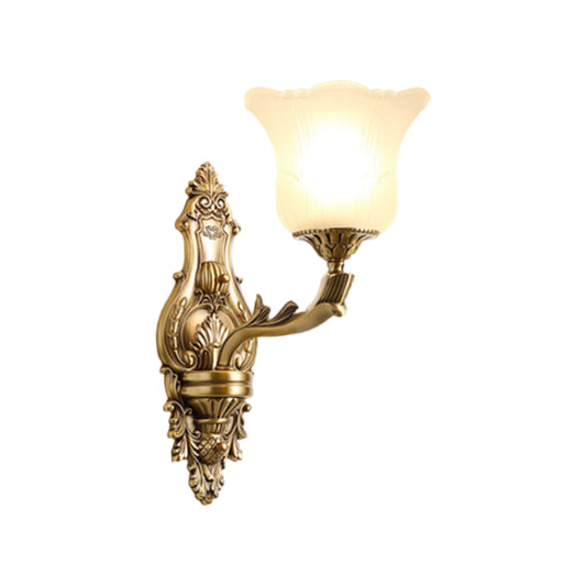 Opal Glass Petal Wall Sconce Classic Style 1/2-Head Bedroom Wall Light Fixture with Brass Carved Arm Clearhalo 'Wall Lamps & Sconces' 'Wall Lights' Lighting' 270124