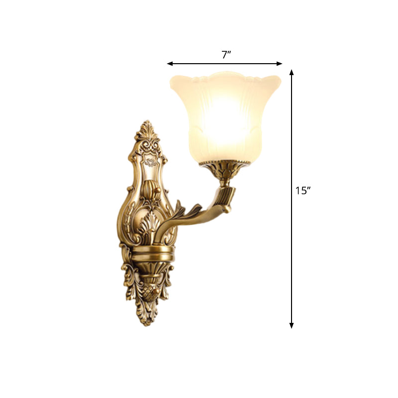 Opal Glass Petal Wall Sconce Classic Style 1/2-Head Bedroom Wall Light Fixture with Brass Carved Arm Clearhalo 'Wall Lamps & Sconces' 'Wall Lights' Lighting' 270125