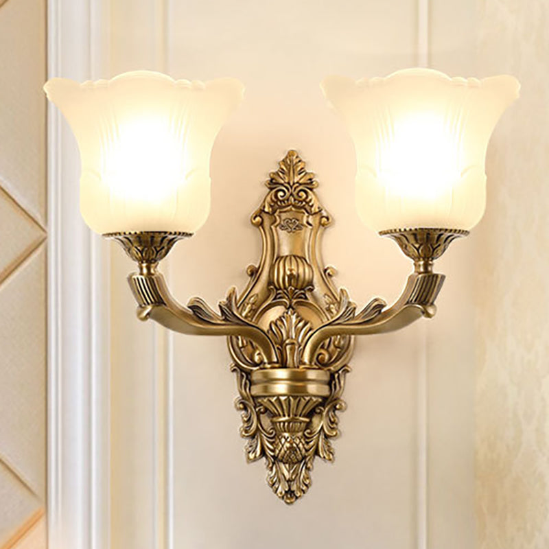 Opal Glass Petal Wall Sconce Classic Style 1/2-Head Bedroom Wall Light Fixture with Brass Carved Arm 2.0 Brass Clearhalo 'Wall Lamps & Sconces' 'Wall Lights' Lighting' 270127