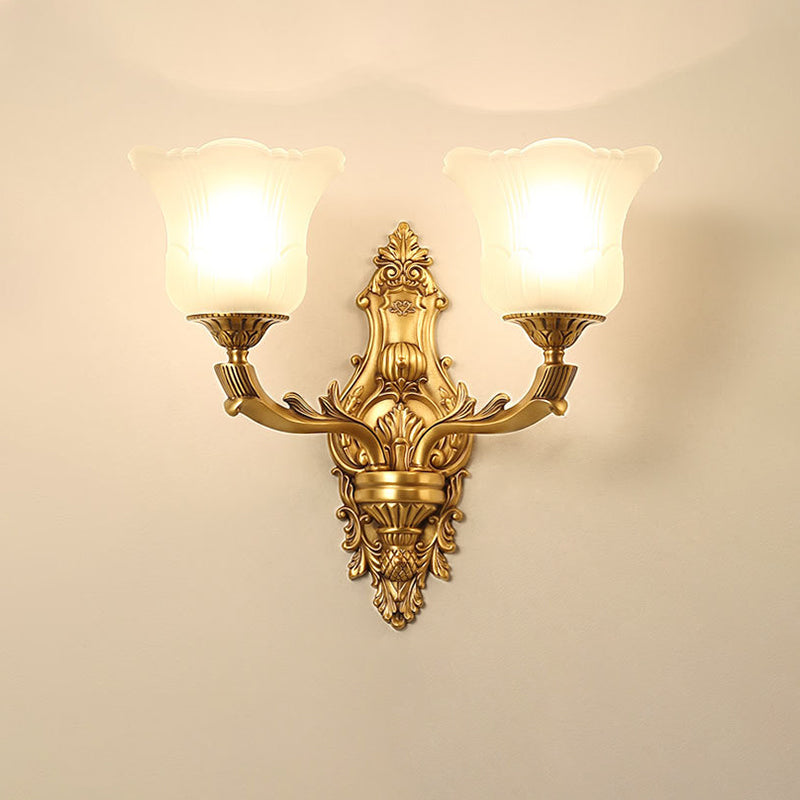 Opal Glass Petal Wall Sconce Classic Style 1/2-Head Bedroom Wall Light Fixture with Brass Carved Arm Clearhalo 'Wall Lamps & Sconces' 'Wall Lights' Lighting' 270128