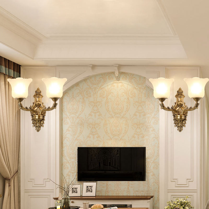 Opal Glass Petal Wall Sconce Classic Style 1/2-Head Bedroom Wall Light Fixture with Brass Carved Arm Clearhalo 'Wall Lamps & Sconces' 'Wall Lights' Lighting' 270129