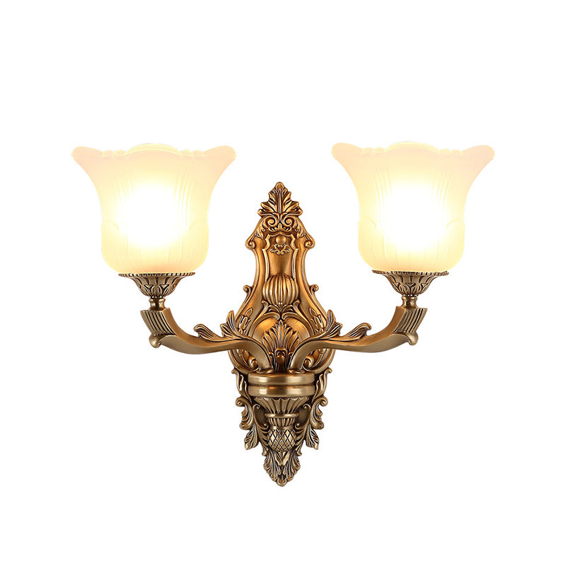 Opal Glass Petal Wall Sconce Classic Style 1/2-Head Bedroom Wall Light Fixture with Brass Carved Arm Clearhalo 'Wall Lamps & Sconces' 'Wall Lights' Lighting' 270130